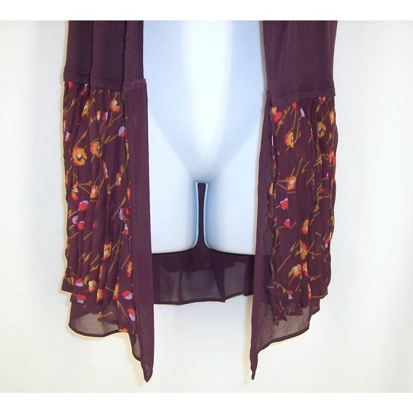 Logo by Lori Goldstein Long Cardigan S Burgundy Sleeveless Floral Chiffon Trim - Picture 3 of 12